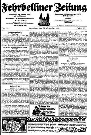 Fehrbelliner Zeitung vom 21.09.1929