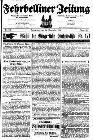 Fehrbelliner Zeitung vom 14.11.1929
