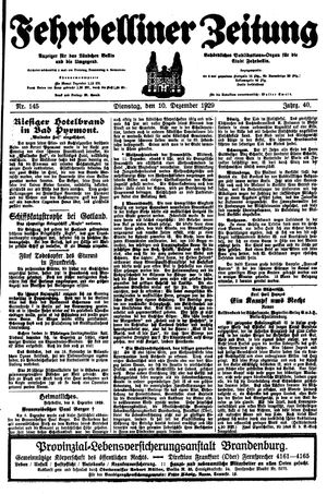 Fehrbelliner Zeitung vom 10.12.1929