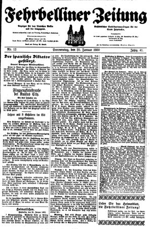Fehrbelliner Zeitung vom 30.01.1930