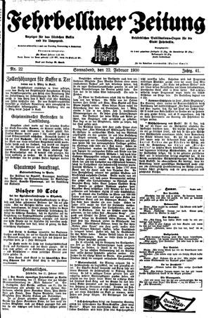 Fehrbelliner Zeitung vom 22.02.1930