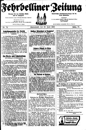 Fehrbelliner Zeitung vom 28.06.1930