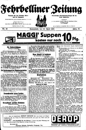 Fehrbelliner Zeitung vom 25.04.1931