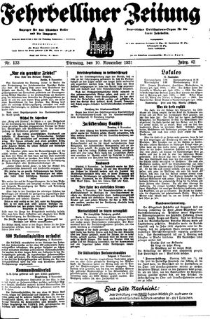 Fehrbelliner Zeitung vom 10.11.1931