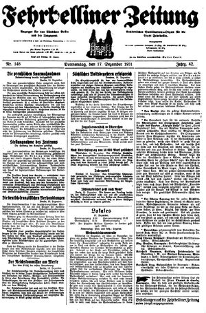 Fehrbelliner Zeitung vom 17.12.1931