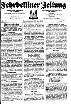Fehrbelliner Zeitung vom 16.06.1932