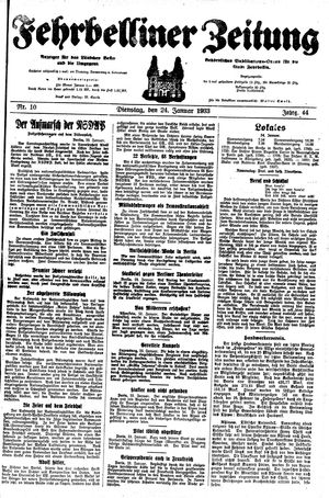 Fehrbelliner Zeitung vom 24.01.1933