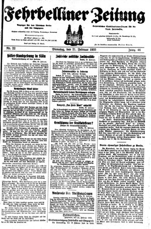 Fehrbelliner Zeitung vom 21.02.1933