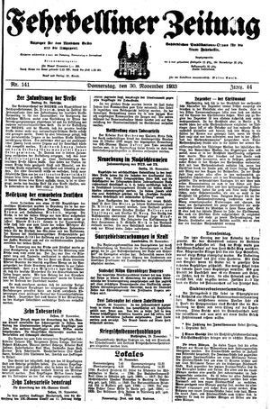 Fehrbelliner Zeitung vom 30.11.1933