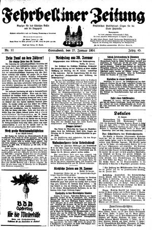 Fehrbelliner Zeitung vom 27.01.1934