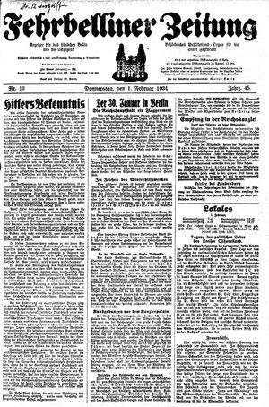 Fehrbelliner Zeitung vom 01.02.1934