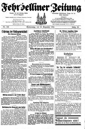 Fehrbelliner Zeitung vom 13.12.1934