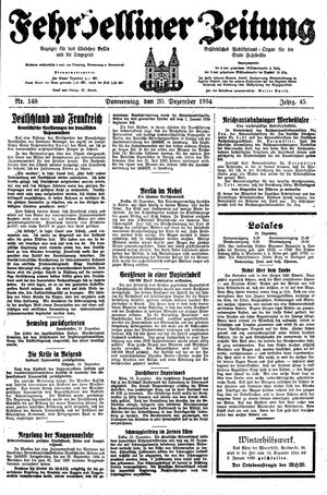 Fehrbelliner Zeitung vom 20.12.1934