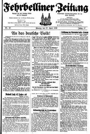 Fehrbelliner Zeitung vom 27.04.1936