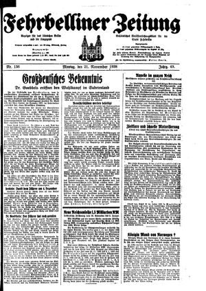 Fehrbelliner Zeitung vom 21.11.1938