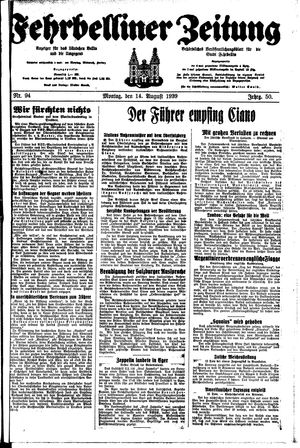 Fehrbelliner Zeitung vom 14.08.1939