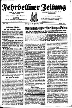 Fehrbelliner Zeitung vom 01.09.1939