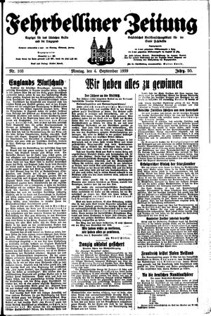 Fehrbelliner Zeitung vom 04.09.1939