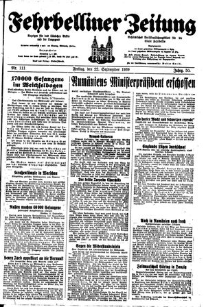 Fehrbelliner Zeitung vom 22.09.1939