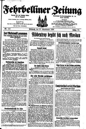 Fehrbelliner Zeitung vom 27.09.1939
