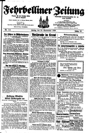 Fehrbelliner Zeitung vom 29.09.1939