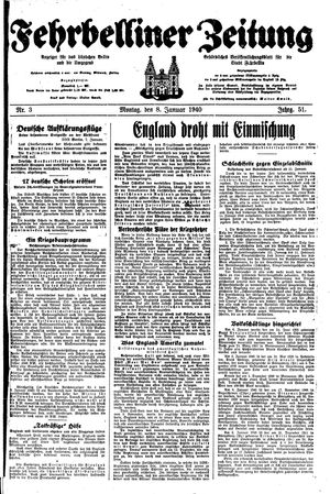 Fehrbelliner Zeitung vom 08.01.1940
