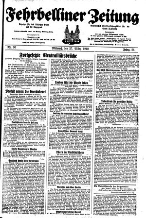 Fehrbelliner Zeitung vom 27.03.1940