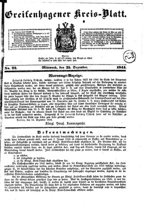 Greifenhagener Kreisblatt vom 25.12.1844