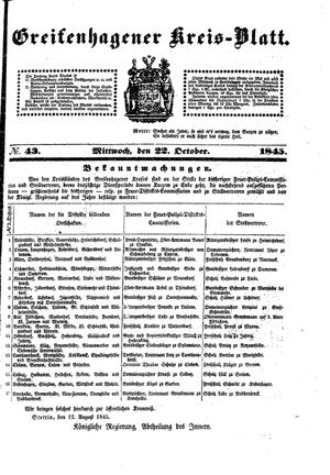 Greifenhagener Kreisblatt vom 22.10.1845
