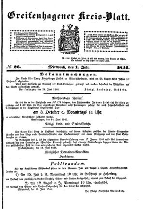 Greifenhagener Kreisblatt vom 01.07.1846