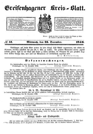Greifenhagener Kreisblatt vom 23.12.1846