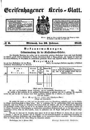 Greifenhagener Kreisblatt vom 10.02.1847