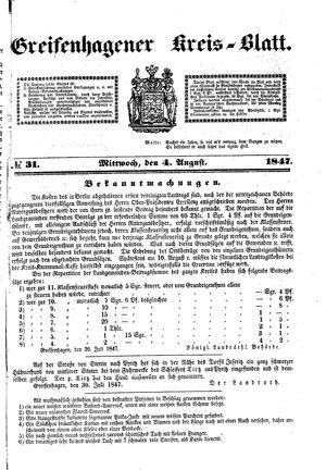 Greifenhagener Kreisblatt vom 04.08.1847