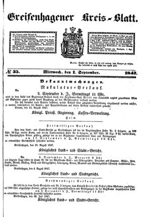 Greifenhagener Kreisblatt vom 01.09.1847