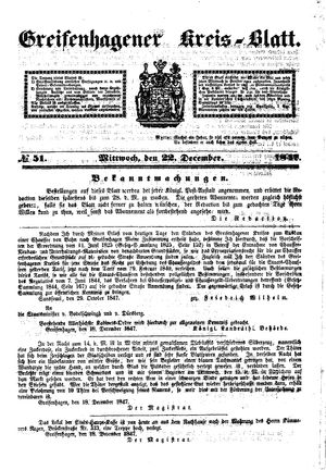 Greifenhagener Kreisblatt vom 22.12.1847