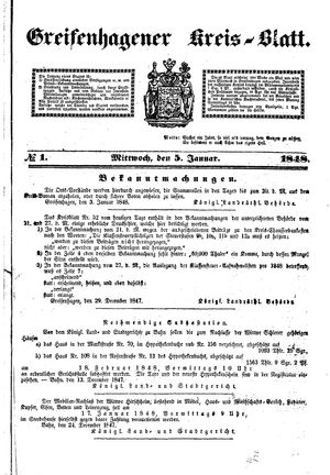 Greifenhagener Kreisblatt on Jan 5, 1848