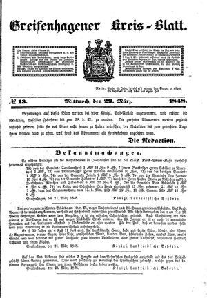 Greifenhagener Kreisblatt vom 29.03.1848