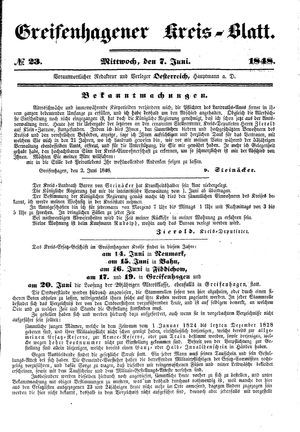 Greifenhagener Kreisblatt vom 07.06.1848