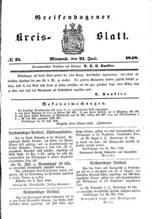 Greifenhagener Kreisblatt vom 21.06.1848