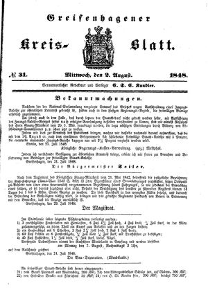 Greifenhagener Kreisblatt vom 02.08.1848