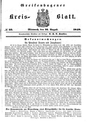 Greifenhagener Kreisblatt vom 16.08.1848