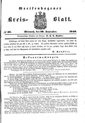 Greifenhagener Kreisblatt on Sep 20, 1848