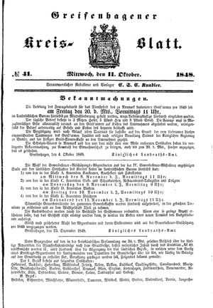 Greifenhagener Kreisblatt vom 11.10.1848