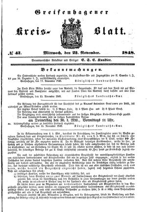 Greifenhagener Kreisblatt vom 22.11.1848