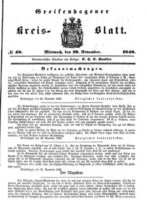 Greifenhagener Kreisblatt vom 29.11.1848