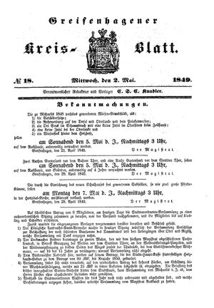 Greifenhagener Kreisblatt on May 2, 1849