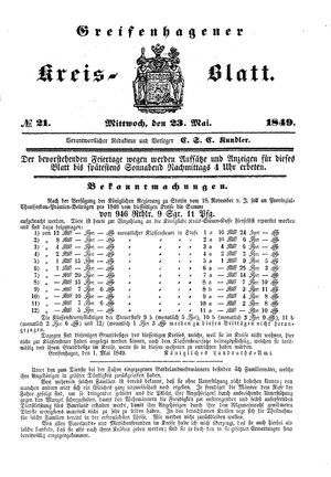 Greifenhagener Kreisblatt on May 23, 1849