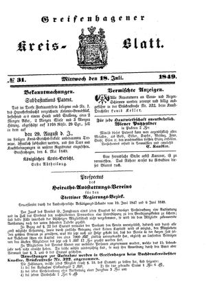 Greifenhagener Kreisblatt vom 18.07.1849