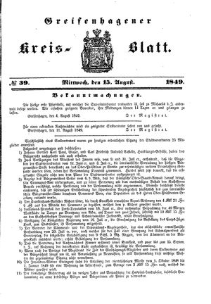 Greifenhagener Kreisblatt on Aug 15, 1849