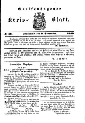 Greifenhagener Kreisblatt on Sep 8, 1849